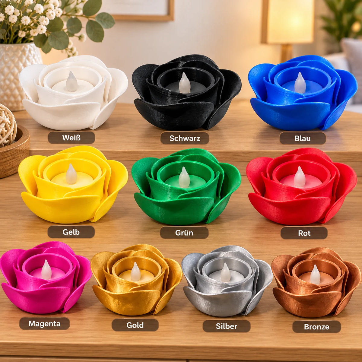 Rosen-Teelichthalter mit LED – 3D-gedruckte Rose in 10 Farben