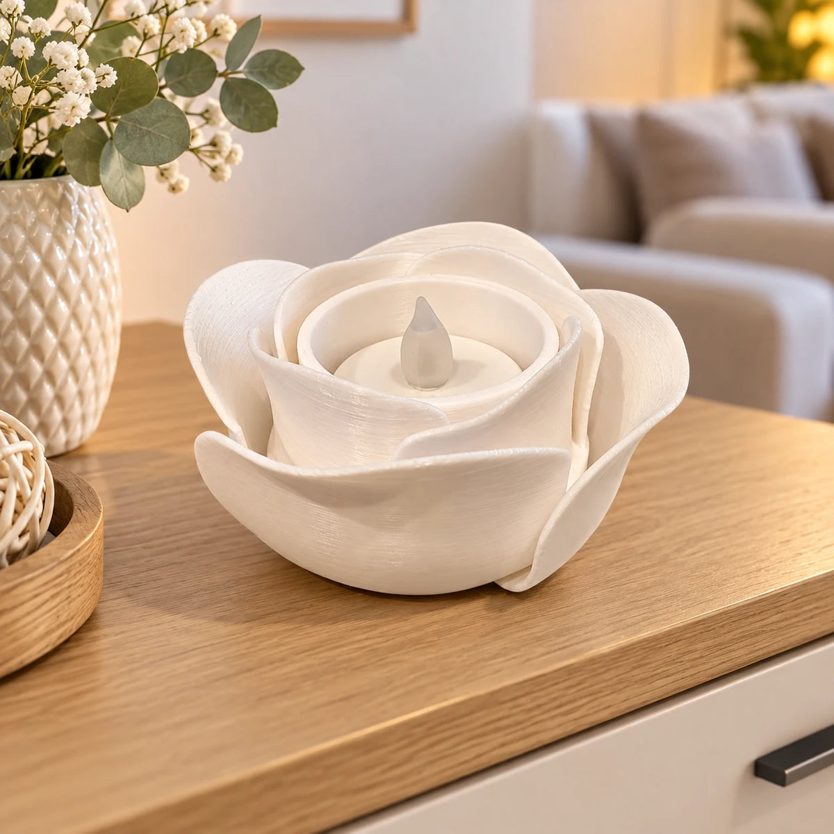 Rosen-Teelichthalter mit LED – 3D-gedruckte Rose in 10 Farben