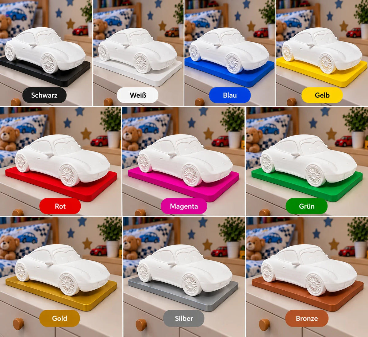 Sportwagen LED-Lampe mit RGB & Fernbedienung – personalisierbar mit Wunschnamen