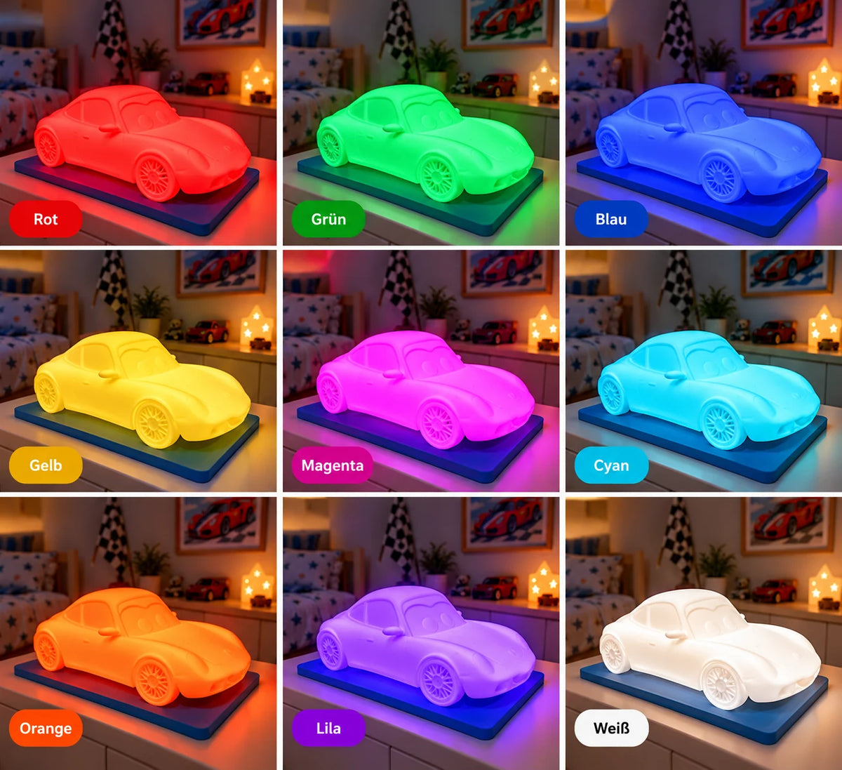 Sportwagen LED-Lampe mit RGB & Fernbedienung – personalisierbar mit Wunschnamen