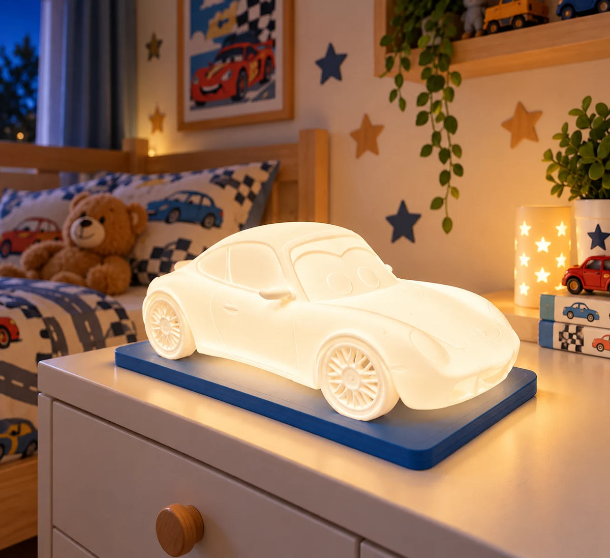 Sportwagen LED-Lampe mit RGB & Fernbedienung – personalisierbar mit Wunschnamen
