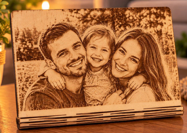 Personalisiertes Fotobild auf Holz – Lasergravur mit Aufsteller