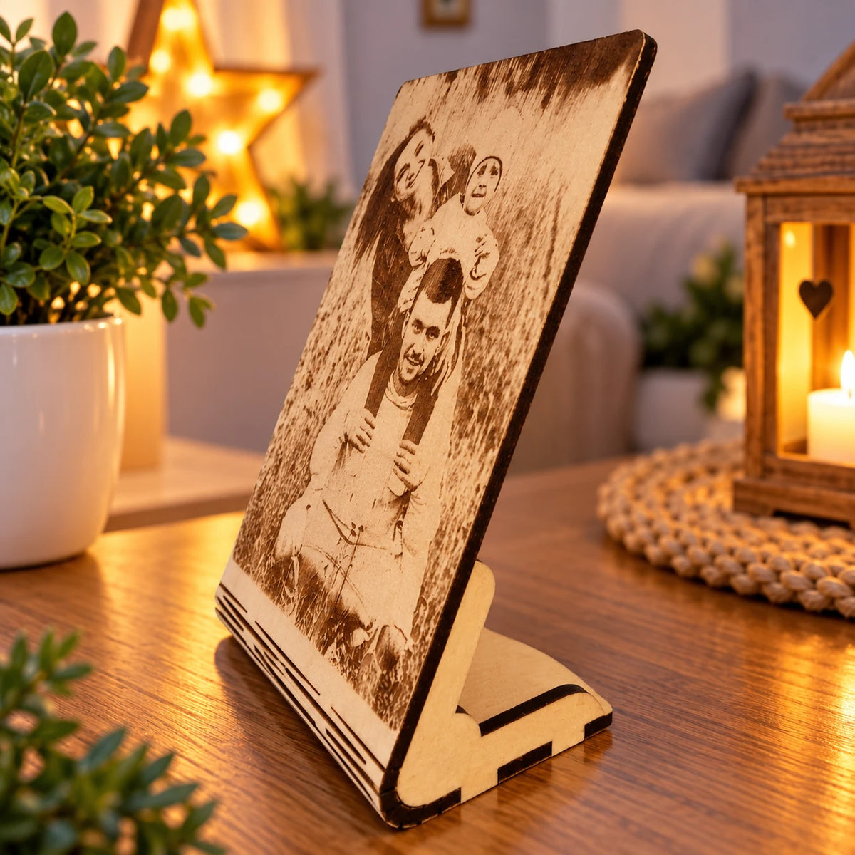 Personalisiertes Fotobild auf Holz – Lasergravur mit Aufsteller
