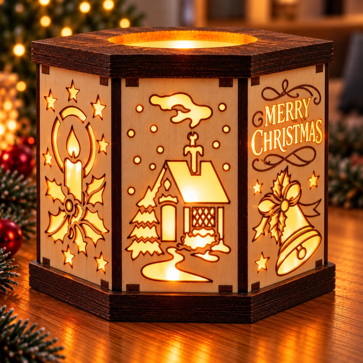 Hexagon-Weihnachtsteelichthalter aus Holz – 2 Varianten | LED-Lichterhaus