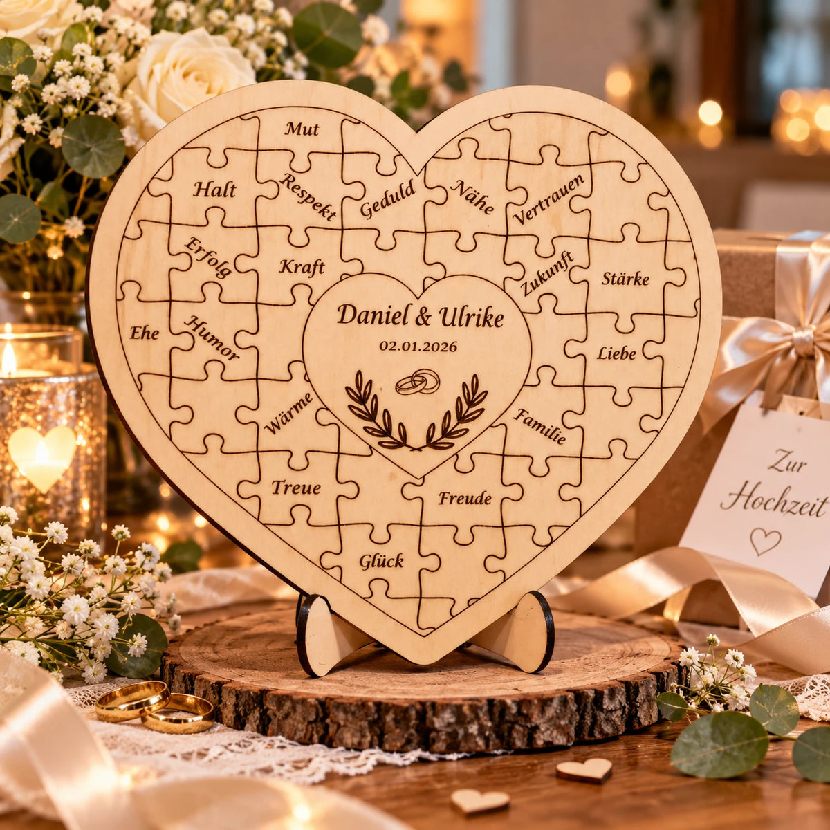 Personalisiertes Hochzeitsherz aus Holz – Dekorativer Aufsteller in Puzzle-Optik mit Wunschgravur