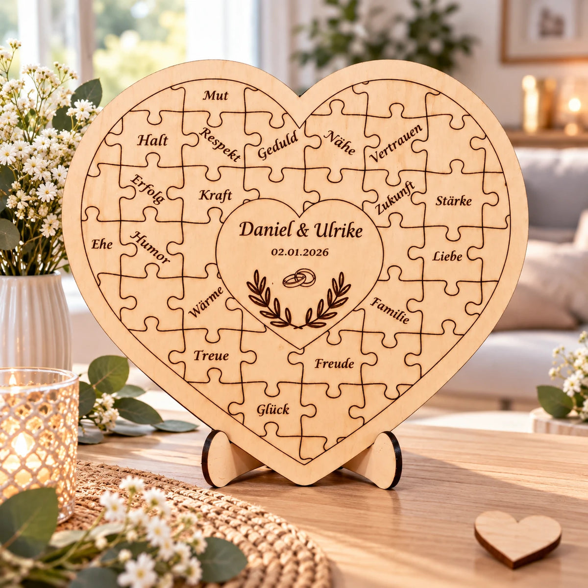 Personalisiertes Hochzeitsherz aus Holz – Dekorativer Aufsteller in Puzzle-Optik mit Wunschgravur
