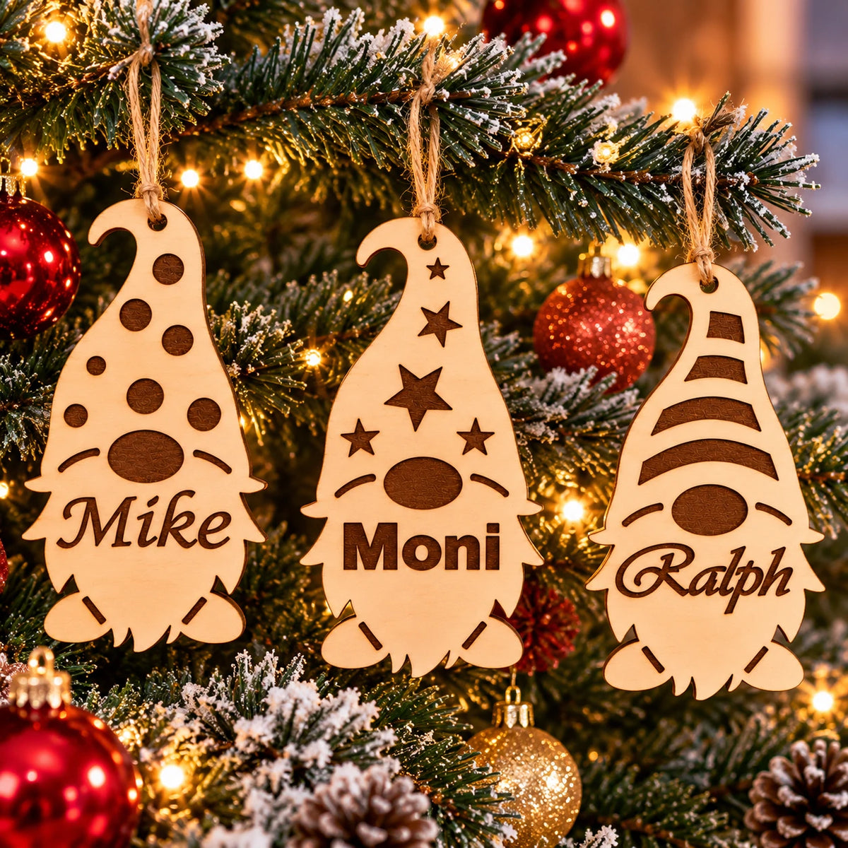 Personalisierte Weihnachtsgnome aus Holz – 3er-Set mit Wunschnamen