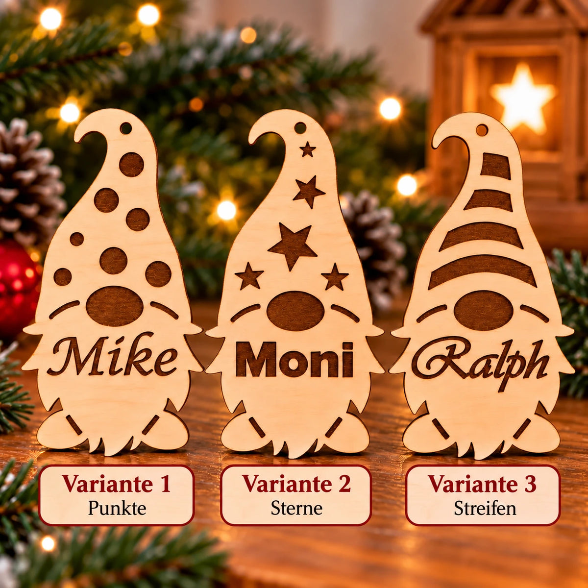 Personalisierte Weihnachtsgnome aus Holz – 3er-Set mit Wunschnamen