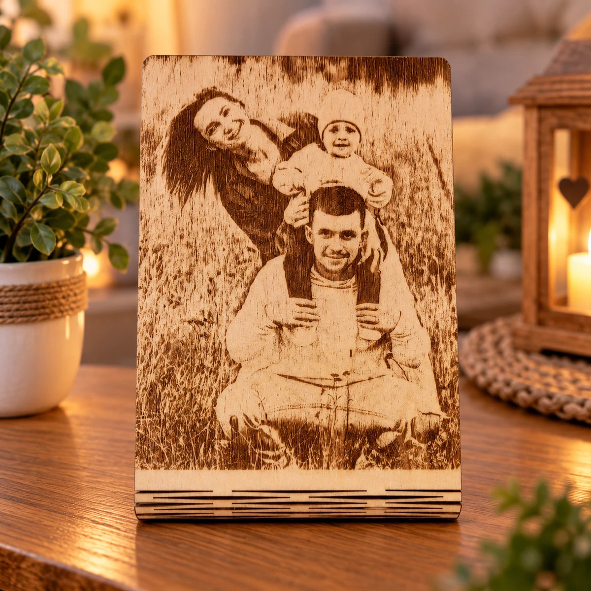 Personalisiertes Fotobild auf Holz – Lasergravur mit Aufsteller