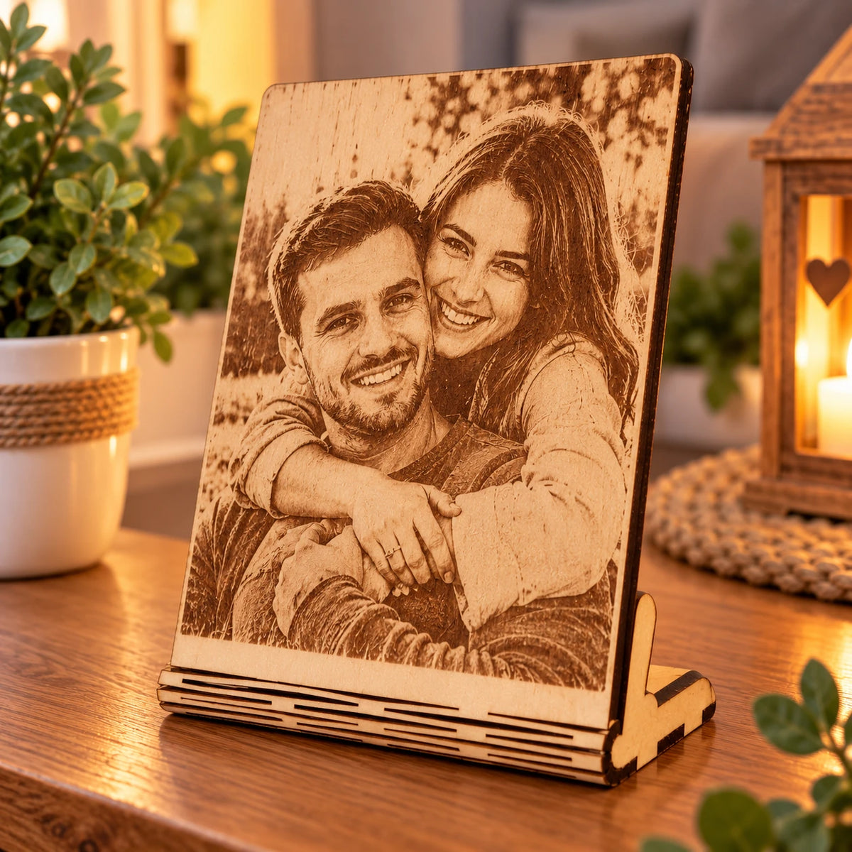 Personalisiertes Fotobild auf Holz – Lasergravur mit Aufsteller