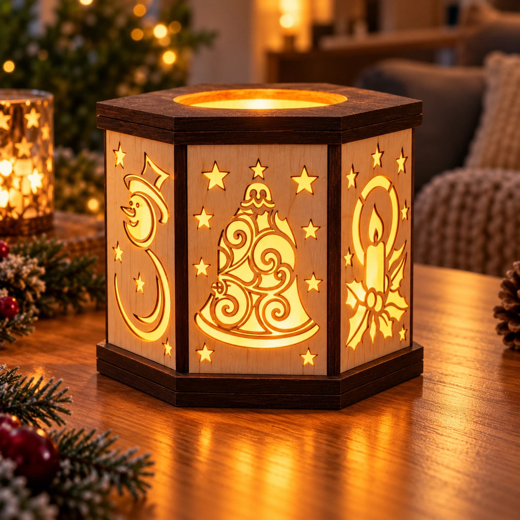 Hexagon-Weihnachtsteelichthalter aus Holz – 2 Varianten | LED-Lichterhaus