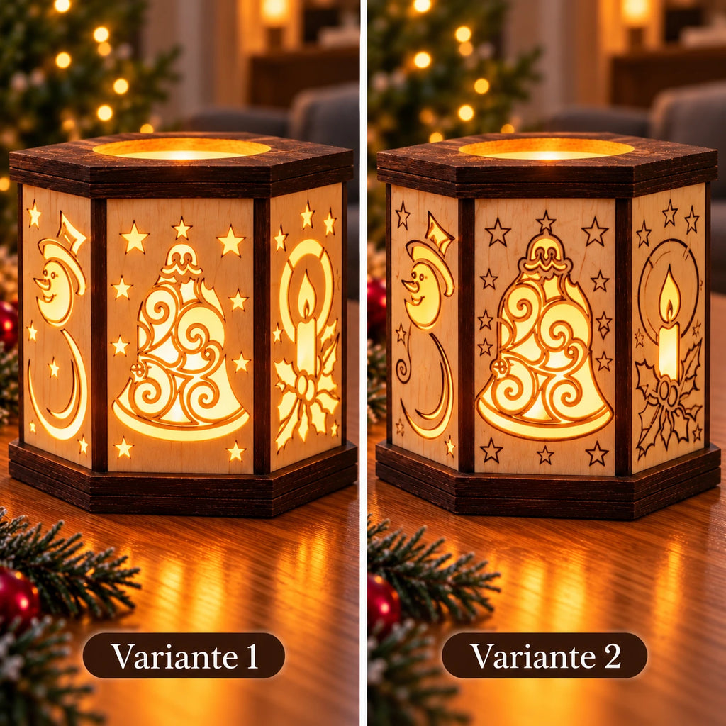 Hexagon-Weihnachtsteelichthalter aus Holz – 2 Varianten | LED-Lichterhaus